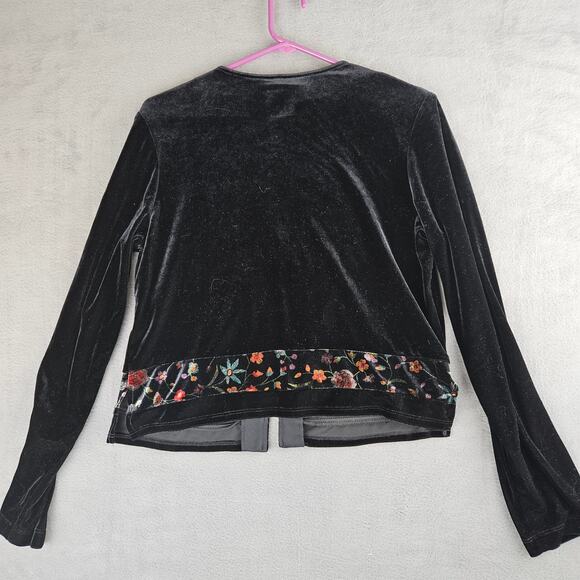 Black Velvet Embroidered Boho Y2K Floral Trim Cardigan Top Size 10 - Picture 2 of 8